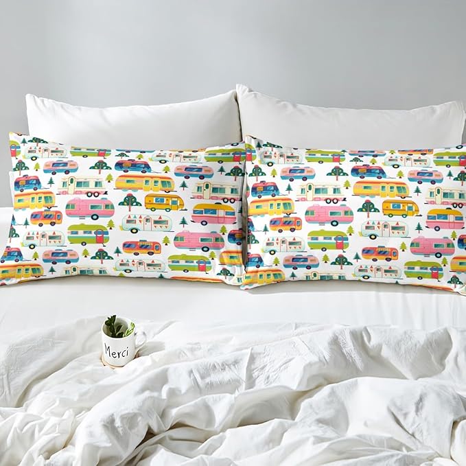 Colorful Camper Truck Kids Fitted Sheet Twin Size,Adventure Camping Rustic Nature Bedding Set,Boys Girls Room Decor,RV Trailer Pine Trees Bed Cover,White Bed Sheet,1 Pillowcase(No Top Sheet)