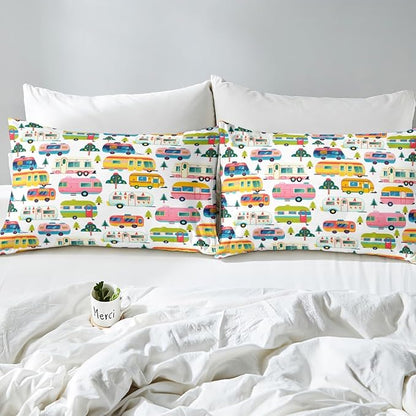Colorful Camper Truck Kids Fitted Sheet Queen Size,Adventure Camping Rustic Nature Bedding Set,Boys Girls Room Decor,RV Trailer Pine Trees Bed Cover,White Bed Sheet,2 Pillowcases(No Top Sheet)