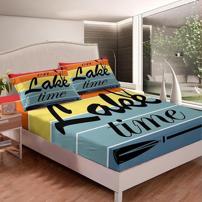 Lake Time Kids Fitted Sheet Queen Size,Camping Lake House Fishing Rustic Cabin Bedding Set,Boys Girls Room Decor,Geometric Stripes Patch Bed Cover,Colorful Bed Sheet,2 Pillowcases(No Top Sheet)