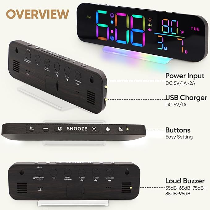 Extra Loud Vibrating Alarm Clock,Large LED Digital Display,Dual Alarms,Multiple RGB Colors,Dimmable Volume Adjustable,for Deep Sleepers and Hearing Impaired Deaf Seniors (Wood Grain)
