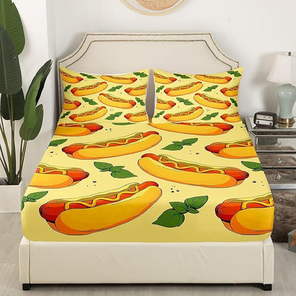 Manfei Fast Food Sheet Set King Size, American Cartoon Hot Dog Hamburg Bed Sheet Set 4pcs (Fitted Sheet, Flat Sheet, 2 Pillowcases), Creative Yellow Bedding Set for Kids Boys Girls Room Decor