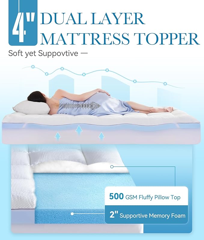BDEUS Waterproof Dual Layer 4 Inch Memory Foam Mattress Topper Twin Size, 2 Inch Gel Memory Foam Plus 2 Inch Down Alternative Quilted Pillow Top Mattress Pad Cover for Kids, Pets