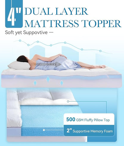 BDEUS Waterproof Dual Layer 4 Inch Memory Foam Mattress Topper Twin XL Size for Dorm Room, 2 Inch Gel Memory Foam Plus 2 Inch Down Alternative Quilted Pillow Top Mattress Pad Cover for Kids, Pets