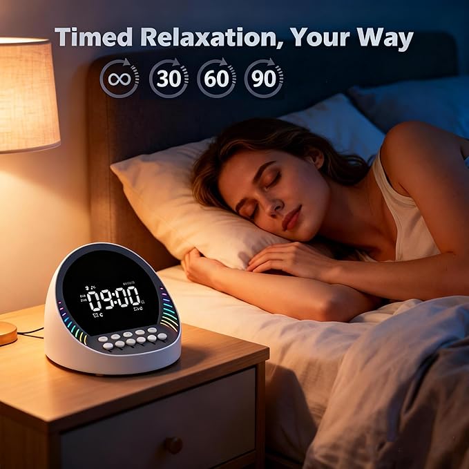 4-in-1 White Noise Sound Machine for Sleeping, Sleep-Aid Noise Machine with 6 Mixable Nature Sounds, 6-Color Night Light, Sleep Timer, Portable Bluetooth Speaker, White Noise for Adults, Kids & Babies