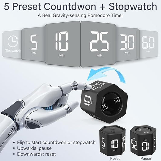 Rotating Pomodoro Timer 5, 25, 10 30,60 Mins Preset Stopwatch, Desk Flip ProductivityTimer, ADHD Tool Hexagon, Vibration/Mute/Alarm, for Work, Study, Back to School, Kitchen, Black