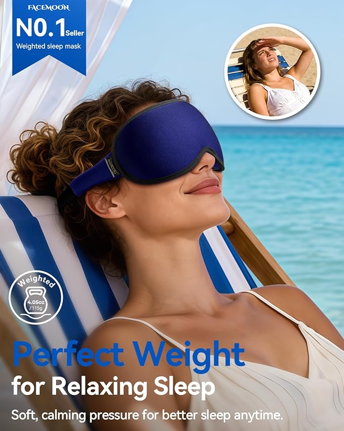 3D Contoured Weighted Eye Mask for Sleeping – Blackout, Lash-Friendly Sleep Mask for Relaxation, Spring Break, Beach Vacation, Summer Hiking Essentials, Washable Memory Foam, Navy Blue