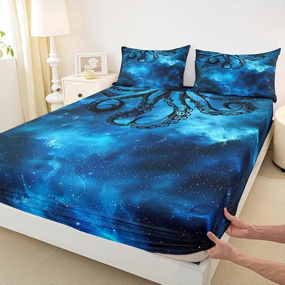 Octopus Sheet Set Queen Size Sealife Dark Blue Starry Sky Bed Sheet Set 4pcs with Deep Pocket Fitted Sheet + Flat Sheet + 2 Pillowcases Ocean Animal Abstract Soft Bedding Set for Kids Teens Room Decor