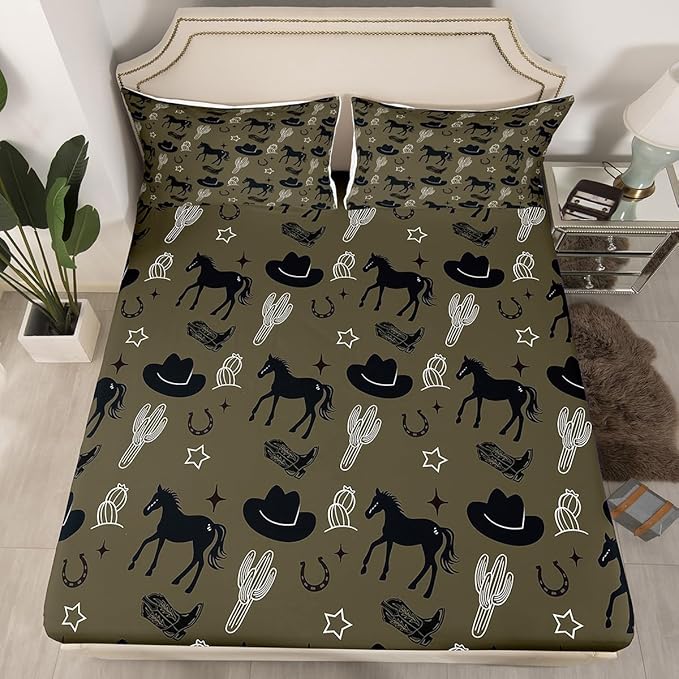 Western Cowboy Bed Cover(1 Fitted Sheet+1 Pillow Case),Retro Horseshoe Tribal Horse Boots Graffiti Bedding Set,Desert Cactus Rustic Famhouse Dark Green Bed Sheet Set,3Pcs Full Size