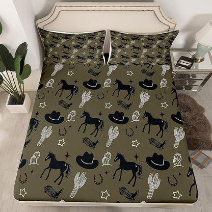 Western Cowboy Bed Sheet Set Retro Horseshoe Tribal Horse Boots Graffiti Fitted Sheet for Ultra Soft Desert Cactus Rustic Famhouse Dark Green Bedding Cover Set Queen Size(No Flat Sheet)