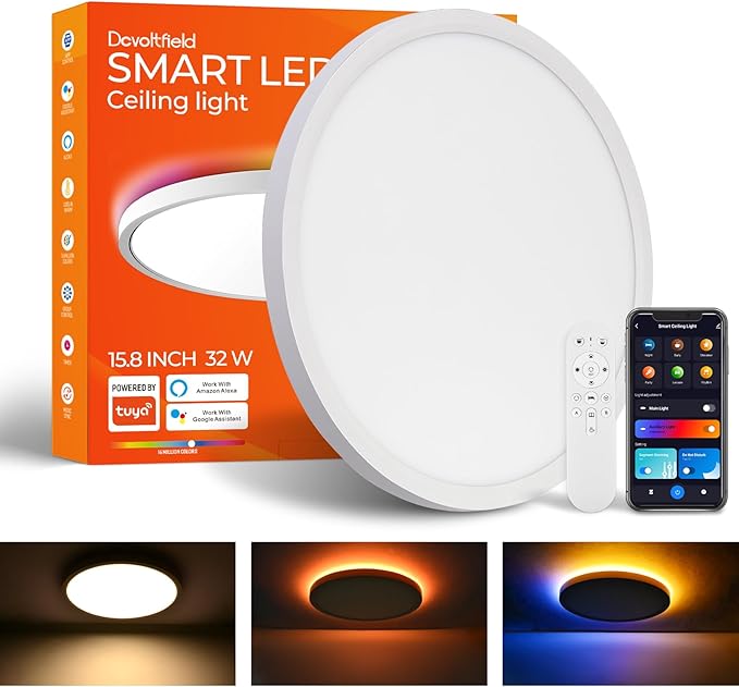 1 Pack Smart RGB Ceiling Light with Remote, 32W 3200LM, 15.8 Inch LED Flush Mount Ceiling Light Works with Alexa Google Home, Dimmable&2700K-6500K, Low Profile Wired Light for Bedroom Kitchen