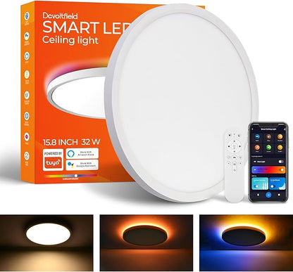 1 Pack Smart RGB Ceiling Light with Remote, 32W 3200LM, 15.8 Inch LED Flush Mount Ceiling Light Works with Alexa Google Home, Dimmable&2700K-6500K, Low Profile Wired Light for Bedroom Kitchen