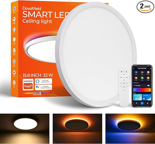 2 Pack Smart RGB Ceiling Light with Remote, 32W 3200LM, 15.8 Inch LED Flush Mount Ceiling Light Works with Alexa Google Home, Dimmable&2700K-6500K, Low Profile Wired Light for Bedroom Kitchen