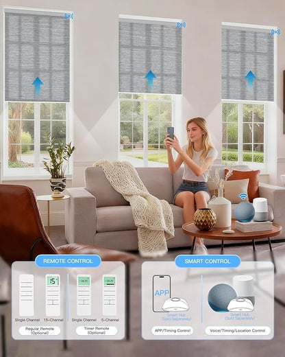 Motorized Light Filtering Roller Shades with Remote Control, Smart Blinds for Windows Compatible with Alexa Google via Hub, Rechargeable Electric Window Shade Customized Size(Texture Grey)