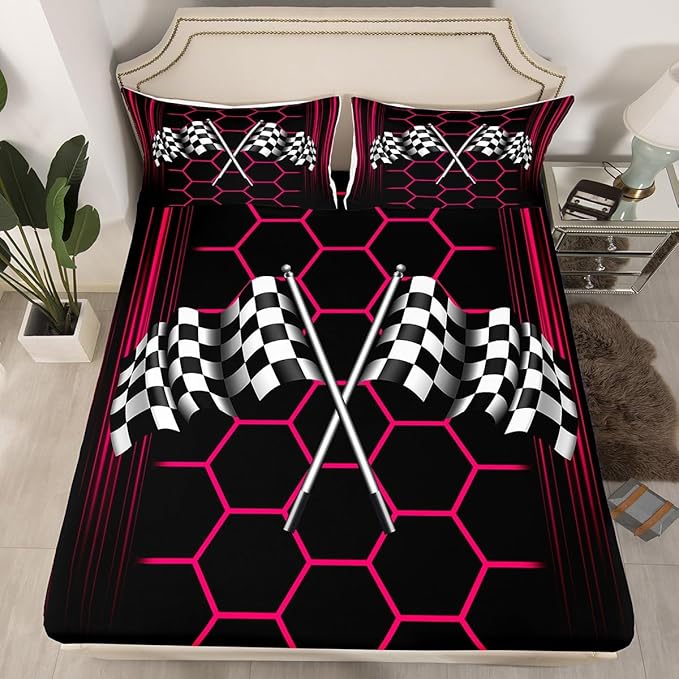Black White Checkered Flag Fitted Sheet Extreme Sports Theme Bed Sheet Set for Kids Children Teens Honeycomb Geometric Bed Cover Toddler Bedroom Decor,Twin Size