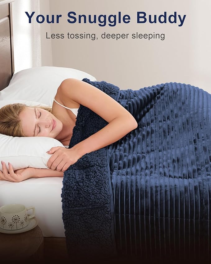 Sherpa Fleece Adult Weighted Blanket with Ribbed Stripes, 15 Pounds Dual Sided Soft Plush Blanket for Couch Bed Sofa, Heavy Thick Blankets with Ceramic Beads Great for Sleep, Navy Blue, 48" x 72"