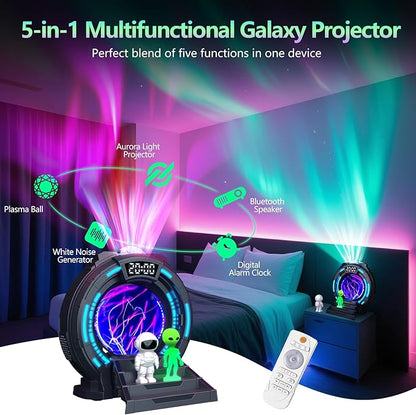 Galaxy Projector with Plasma Ball, 8 Aurora Lights, White Noise Machine, Bluetooth Speaker, Timer Alarm Clock, Remote Controlled Night Light for Bedroom, Kids/Adults, Party, Christmas Gifts