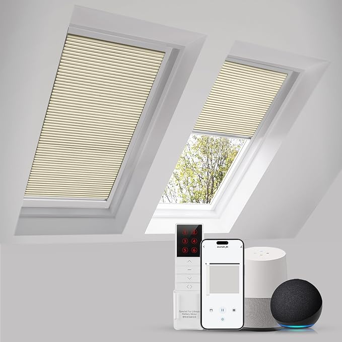 ZSTARR Motorized Skylight Shades Blackout Cellular Honeycomb Electric Blinds with Solar Panel Cordless Rechargeable with Remote for Roof and Slanted Windows Custom Size (Black Out Beige)