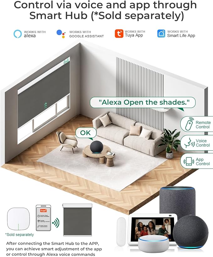 Allesin No Drill Motorized Blinds with Remote | Rechargeable Smart Blackout Roller Shades, Cordless Electric Window Blinds for Bedroom, Living Room, Home Office, Smoky Gray 27x72 Inches