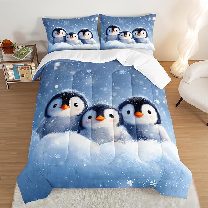 Penguin Comforter Set King Size,Antarctic Animal Kawaii Penguin Bedding Sets for Kids Boys Girls Room Decor,Cute Winter Snowflake Pattern Bedding Sets with 2 Pillowcases.
