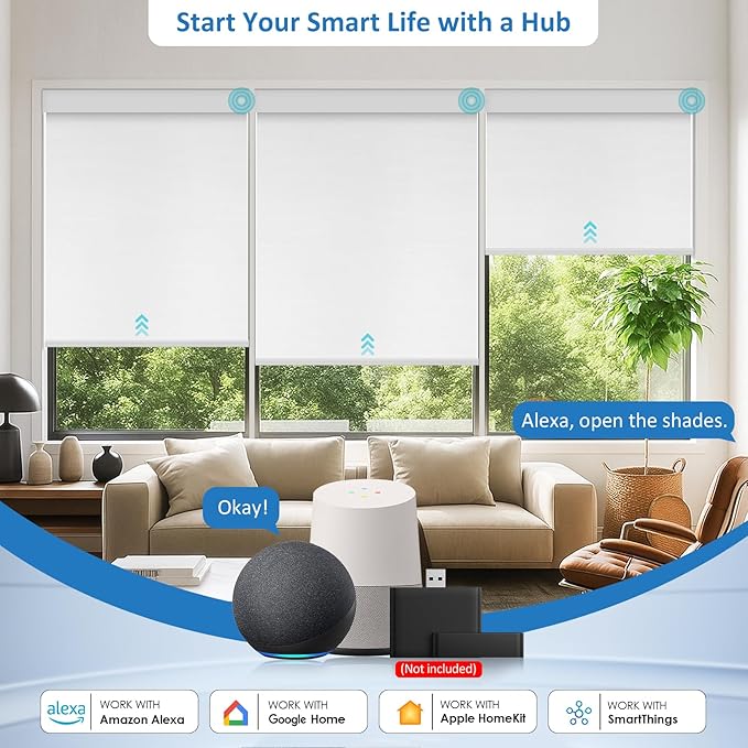 Smart Motorized Blinds with Remote, Cordless No-Drill Automatic Roller Shades, Blackout Electric Blind for Windows, White, 23 x 72