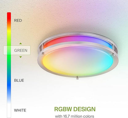 ASD LED 14" Round Flush Mount Lighting, Close to Ceiling Light Fixture | Smart, Multicolor, Dimmable, ETL Listed | 21W 1429LM RGB-2700-6500K 120V | Low Profile Double Ring Lamp | Nickel