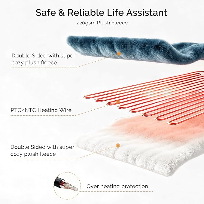Heated Blanket Electric Blanket King 100"x90" Heating Blanket with Dual Control 10 Heat Levels & 10 Hours Auto-Off Overheat Protection Cozy Soft Flannel King Size Blanket Fast Heating Machine Washable