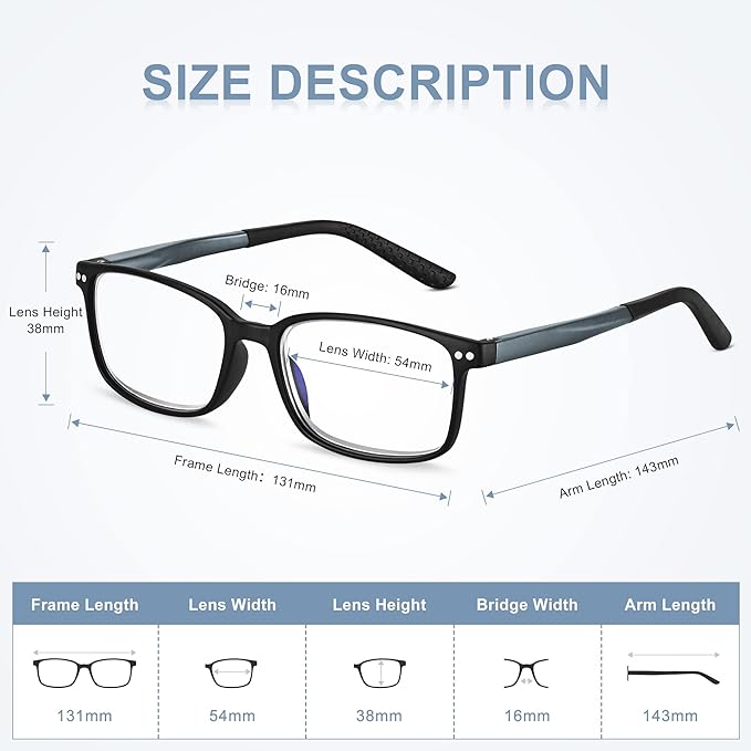 EASY READ 2 Pairs Sporty Style Reading Glasses for Men，Rectangular TR90 Blue Light Blocking Readers with Spring Hinge