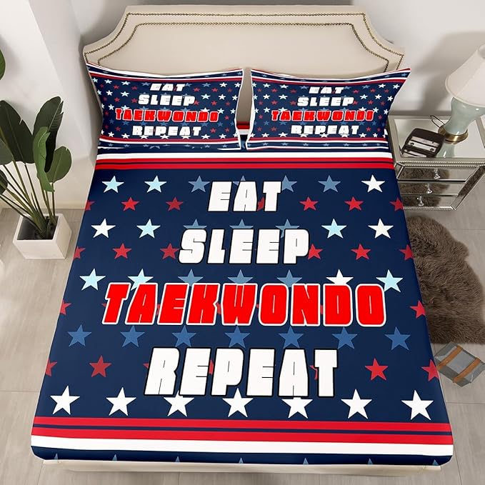 Manfei Taekwondo Fitted Sheet Queen Size, Japanese Style Sports Theme Bedding Set 3pcs, Stars Stripe Print Bed Cover with 2 Pillowcases, Kids Boys Teens Room Decor, Soft Bedding(No Top Sheet)
