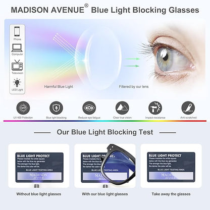 Madison Avenue Blue Light Blocking Glasses Oversized Fashion Blue Light Blocker for Women Anti Eyestrain & UV Protection Computer Eyeglasses (Black)