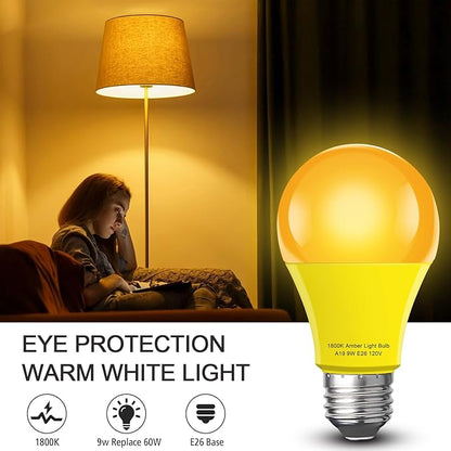 Amber Sleep Light Bulb 2 Pack，Dimmable 1800K Warm Light Bulbs for Healthy Sleep,Blue Light Blocking,A19 9W(60W Equivalent) E26 Base Amber Light Bulbs for Bedroom, Baby Nursery Room