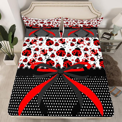 Manfei Red Black Bowknot Kids Sheet Full Size,Ladybug Ladybird Beetle Insect Rustic Girls Boys Bedding Set Decor,Geometric Polka Dots Bow Tie Cute Bed Sheet Set 4pcs(Fitted + Flat + 2 Pillowcases)