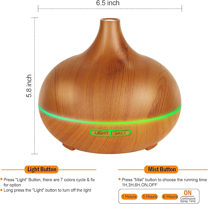 Diffuser for Essential Oil, 550ml Scent Humidifier with 7 Light Colors 4 Timer Setting Waterless Auto Off