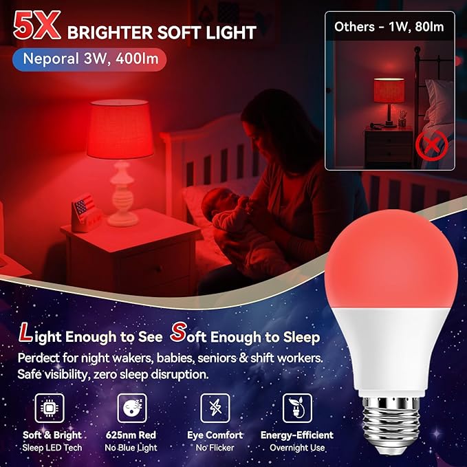 Neporal 625nm Red Light Bulbs for Sleep 3W, 100% Blue Light Blocking Light Bulbs for Melatonin Promoting, A19 LED 40W Equivalent Dim Red Night Light Bulb for Baby Nursery, Sleeping, Reading, 4-Pack