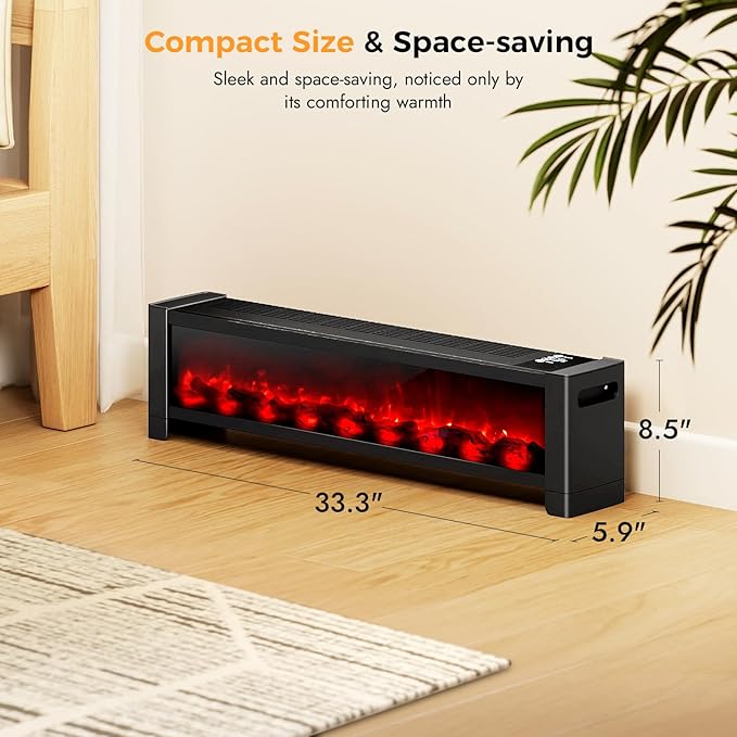 Baseboard Heater with Fireplace - 1500W Electric Fireplace Heater with Realistic 3D Flame Effect, Adjustable Thermostat Space Heater for Large Room, Office&Bedroom, Tip-Over&Overheat Protection
