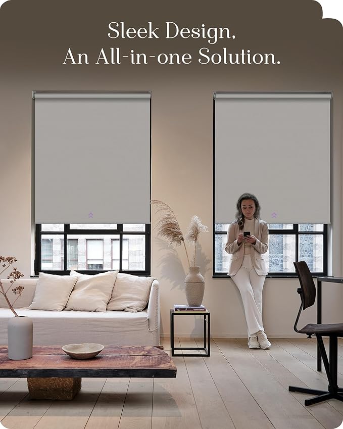 Graywind Smart Roller Shades 100% Blackout Window Blinds with APP Control Customized Automatic Shades for Home and Office(Custom Size,White)