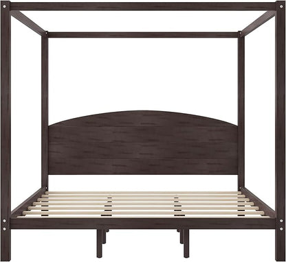 LUMISOL King Size Canopy Bed Frame with Headboard, Wood Platform Bed with Under Bed Storage, Four Poster Bed Frame with Slat Support Leg, No Box Spring Needed, Brown Wash