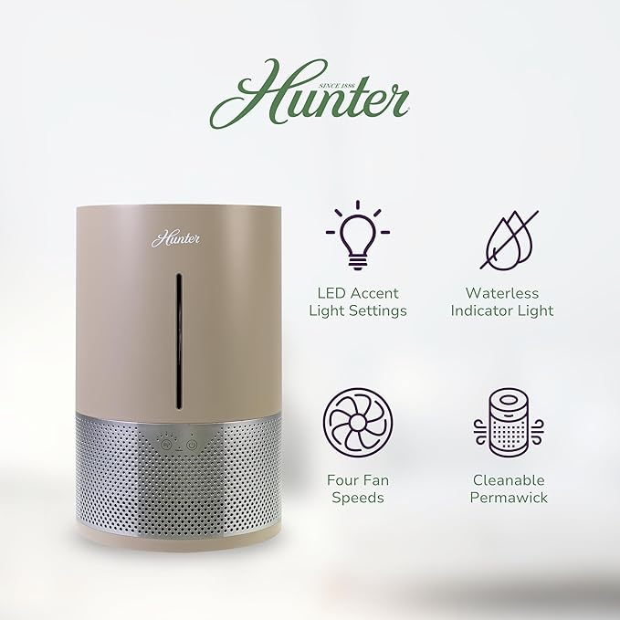 HHE150 Hunter Aspire 4.8L Evaporative Humidifier with PermaWick Filter (4.8L) - Remove Contaminants & White Dust for Clean Mist & Air – Medium Humidifier for Home, Bedroom, or Dorm - Taupe