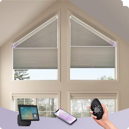 Graywind Smart Angled Blinds Compatible with Alexa Google Motorized Right Trapezoid Shades Solar Powered Customized for Odd-Shaped Window (Blackout Melange Coffee)