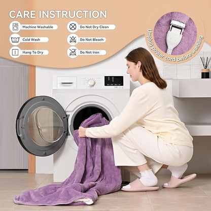Electric Heated Blanket Twin Size - 62"x84" Heating Blanket with 9 Heat Levels & 1-10 Hours Timer, Fast Heating Flannel Blanket ETL Certified Machine Washable, Great Gift Idea - Purple