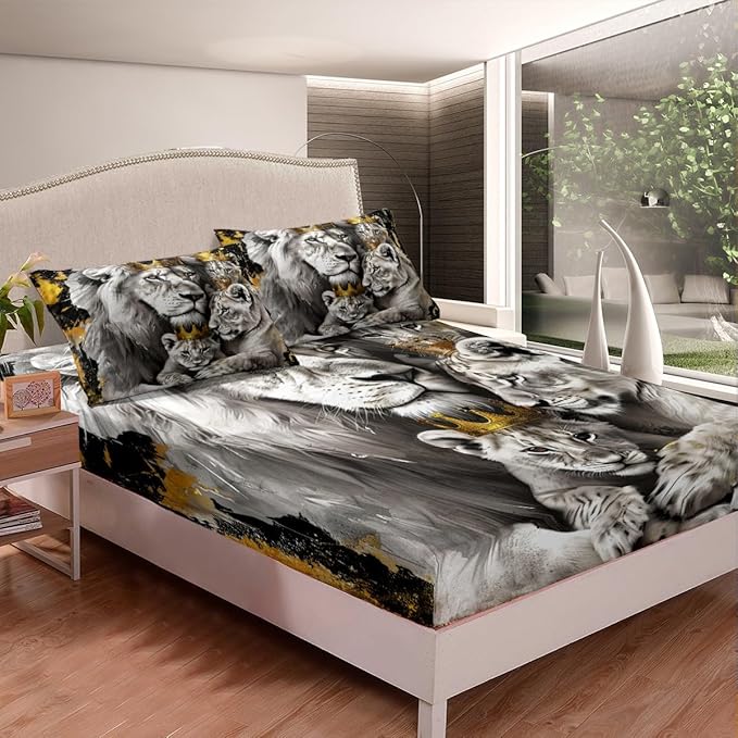 Manfei Lion Family Kids Fitted Sheet Twin Size,Gold King and Queen Crown Bedding Set,Boys Men Room Decor,Tropical Wild African Animal Hunting Adventure Bed Cover,Grey Bed Sheet,1 Pillowcase