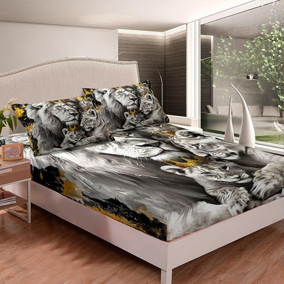 Manfei Lion Family Kids Fitted Sheet Queen Size,Gold King and Queen Crown Bedding Set,Boys Men Room Decor,Tropical Wild African Animal Hunting Adventure Bed Cover,Grey Bed Sheet,2 Pillowcases