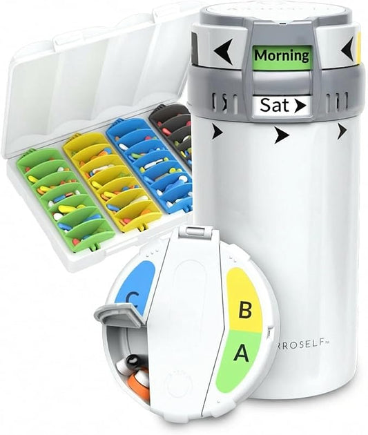 Complete Pill Dispenser System with to-Go Box, Pill Cutter & Extra Cartridges – Weekly AM/PM Pill Organizer for 4 Daily Doses, Travel Pill Case & Medication Organizer for Home and On-The-Go