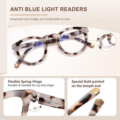 EASY READ Retro Round Blue Light Blocking Reading Glasses for Women,Anti UV Readers for Women with Spring Hinge