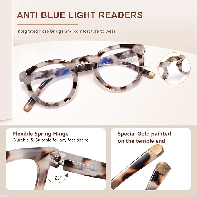 EASY READ Retro Round Blue Light Blocking Reading Glasses for Women,Anti UV Readers for Women with Spring Hinge