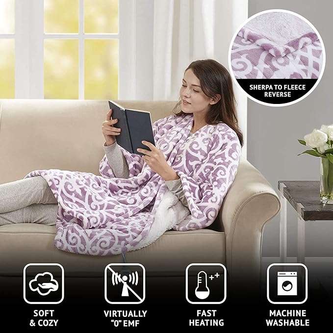 Beautyrest Wearable Electric Poncho Wrap Blanket, Ultra Soft Sherpa & Berber Fleece Heated Throw,UL Certified & OEKO-TEX,3 Heat Settings & 2 Hour Auto Shutoff, Gift-Ready, 50" x 64", Lavender Lattice