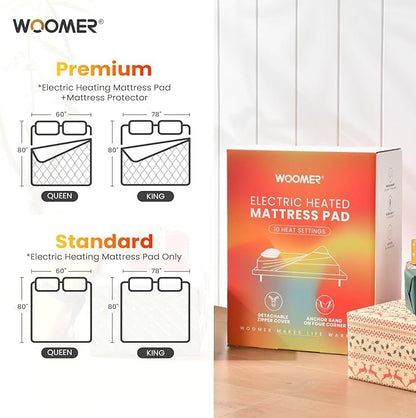 WOOMER Heated Mattress Pad Queen Dual Control - 60"x80" Electric Mattress Pad, 1-10 Heat Settings, 0.5-12H Auto Shut-Off, Removable Velvet Cover, 18" Deep Pocket, ETL Certified, Grey