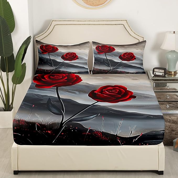 Manfei Red Roses Bed Sheet 4 Piece,Aesthetic Natural Mount Paint Sheets Full Size Bed Set,Romantic Blooming Flowers Bedding Set with Flat,Fitted Sheet,2 Pillow Cases