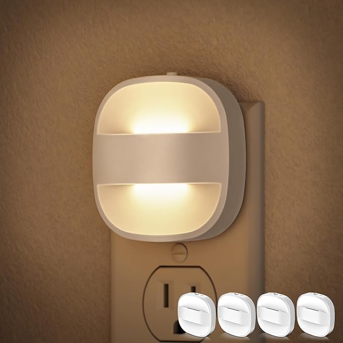 DORESshop Led Night Lights Plug Into Wall, 4 Packs Foldable Plug in Night Light Portable Dimmable Mini with Dusk to Dawn Sensor, 3000K Ideal Travel Night Light for Bedroom, Stairs, Hallway
