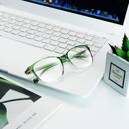 VisionGlobal Blue Light Blocking Glasses for Women, Anti Eyestrain, Computer Reading, TV Glasses, Stylish Square Frame, Anti Glare(Clear Green,+3.50 Magnification)