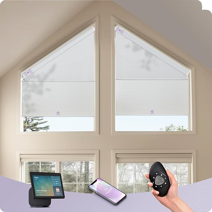 Graywind Motorized Angled Blinds Compatible with Alexa Google Smart Right Trapezoid Shades Solar Powered Customized for Odd-Shaped Window (Light Filtering White)